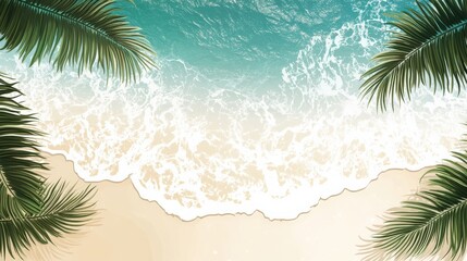 Serene beach scene with gentle waves lapping on the shore, framed by lush palm leaves