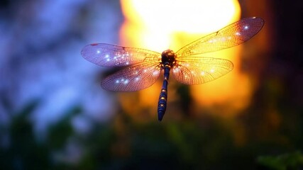 Glowing dragonfly flight, garden sunset, nature magic, design element