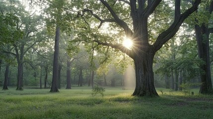 Obraz premium Sunlight through trees in a serene forest landscape