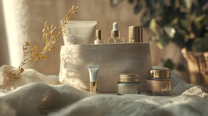Luxurious skincare products arranged on a textured surface, bathed in soft, natural light.  A serene and elegant display.