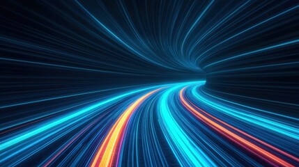 Vivid Blue and Orange Light Trails in Dark Futuristic Tunnel