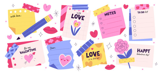 Valentines day romantic paper notes, memo stickers, cute reminder sheets with washi tapes set