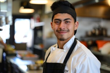 Portrait of a young male Hispanic chef in kitchen setting