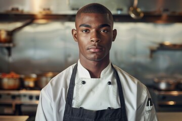 Obraz premium Portrait of a young male African American chef in kitchen setting