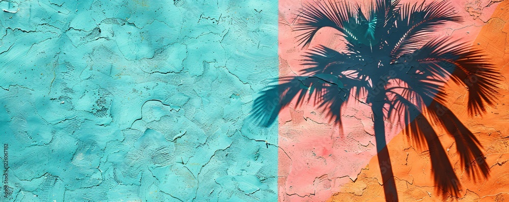 Poster tropical background with palm tree shadow casting on a colorful wall