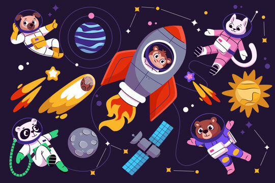 Cute apace animals funny astronaut characters wearing spacesuit flying in rocket vector illustration