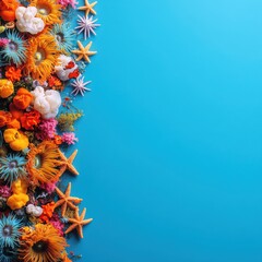 Vibrant Floral Sea Life Collage with Starfish and Diverse Flowers on Blue Background â€“ Perfect for Creative Projects, Nature Art, and Ocean-Themed Designs
