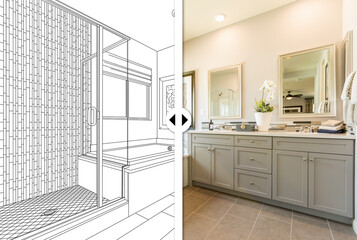 Before and After Slider Comparing Pencil Sketch Drawing Plans and Completed Custom Master Bathroom