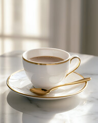 A warm cup of coffee sits on a saucer, bathed in sunlight.  A gold-trimmed cup and spoon add elegance.