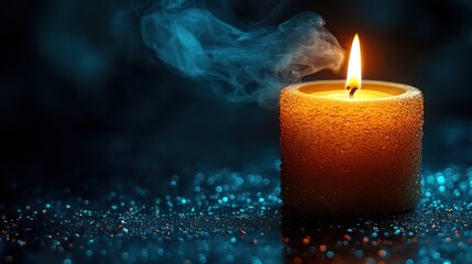 Burning candle, smoke, dark background, glitter