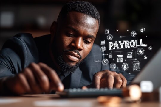 Professional accountant calculating payroll with digital elements in modern office setting