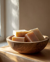 Artisan soaps rest in a wooden bowl, bathed in sunlight. A simple, natural scene.