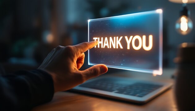 Hand touching a holographic "Thank You" message
