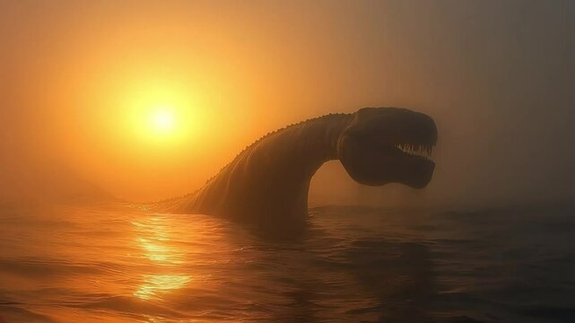 Loch Ness Monster sunset silhouette, misty water, legend