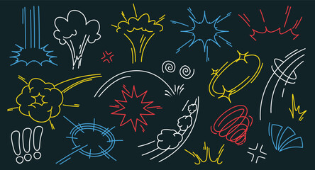 Comic burst, bomb, star explosion with boom effect colored line art doodle hand drawn isolated set