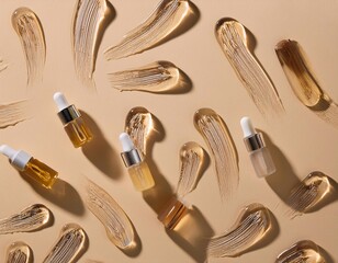 Brush Strokes and Cosmetic Oil Drops on Beige Background
