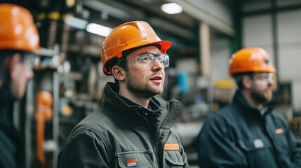 Focused workers in industrial workshop serious discussion
