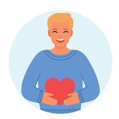 Blonde man in love holding a heart. Vector illustration