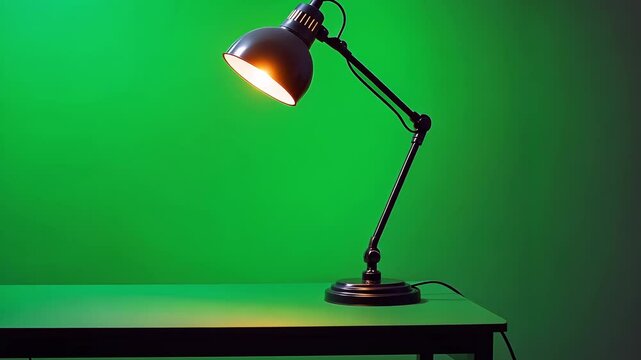 Tracking a brown metal swing arm desk lamp sitting on a desk against a chroma key green screen.