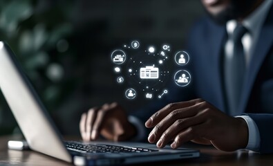 Fototapeta premium Professional man using laptop for digital networking and business management in a modern office setting