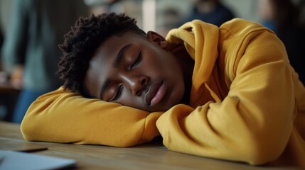 The African-American student, exhausted from working too hard, is napping to prepare for an upcoming test
