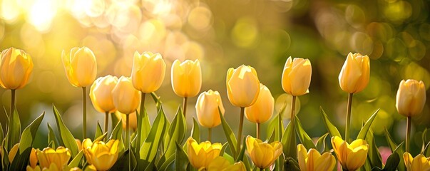 Blooming yellow tulips in the garden with a blurred backdrop of lush green foliage and golden sunlight © HISTOCK