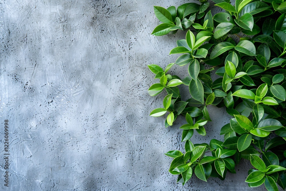 Poster Green leaves are creating a border on a textured grey concrete background with copy space