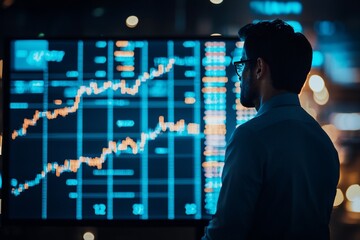 Business professional analyzing financial data on a digital screen in a modern office environment