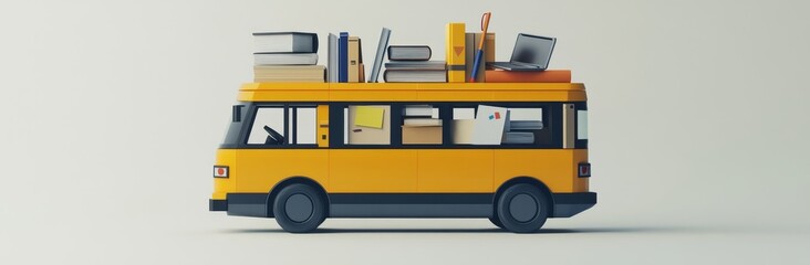 Returning to school with essential tools and books. A cartoon of a school bus filled with school accessories and texts on a soft orange and blue backdrop, rendered in 3D wide screen