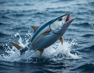 Fototapeta premium A yellowfin tuna leaps out of the water with its mouth wide open. This dynamic action shot captures the power and speed of this popular game fish. Perfect for fishing, marine biology, and wildlife-the