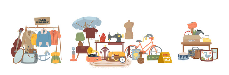 Garage sale street stalls, flea market offering used tools, goods, furniture and second hand clothes