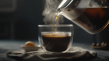 A steaming cup of dark coffee is being poured from a glass server. The aroma fills the air, promising warmth and comfort.