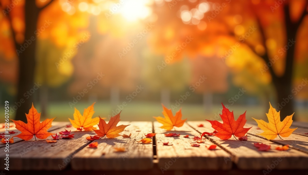 Aufkleber rustic wooden table top with autumnal maple leaves. outdoor setting in autumn. blurred background of