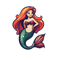 Cartoon Style Mermaid Logo Icon Illustration White Background