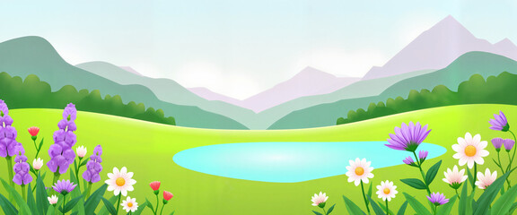 Naklejka premium Serene low-poly illustration of a meadow with lake, peaceful vibe