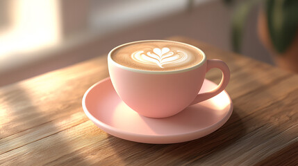 Obraz premium A pink cup of latte art coffee sits on a wooden table bathed in warm sunlight. Perfect morning beverage.