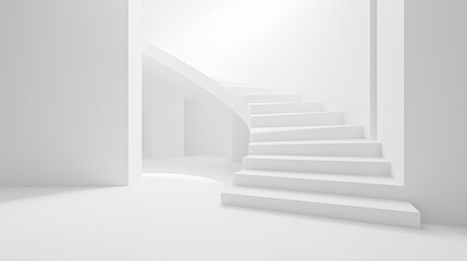 Obraz premium Minimalist white interior featuring a curved staircase, soft light illuminating the space, serene ambiance