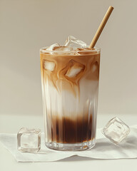 Iced coffee drink with ice cubes and a straw, served in a tall glass on a napkin.
