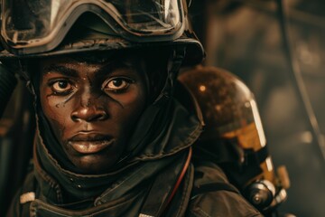 Obraz premium Portrait of a young African American male firefighter in station