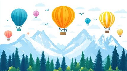 Obraz premium Colorful hot air balloons soaring over majestic mountains and lush green forests under a clear sky