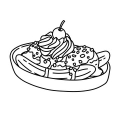 Banana split ice cream dessert. Thin line illustration.