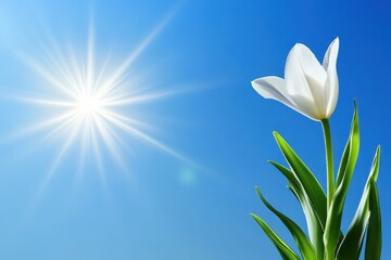 Obraz premium White Flower Against Bright Blue Sky with Radiant Sunlight and Lush Green Leaves