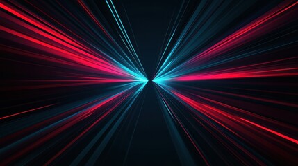 A vibrant display of red and blue light beams radiating from a central point, creating a dynamic, futuristic atmosphere.
