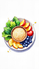 Colorful plate of fruits and grains with fresh greens. Healthy Food Plate