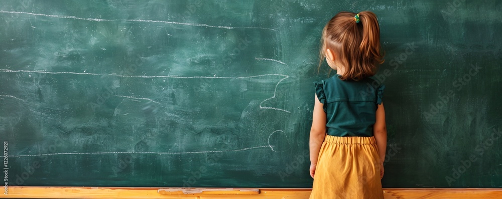 Poster young student waiting in front of an empty chalkboard in a classroom, eager for the school day to be