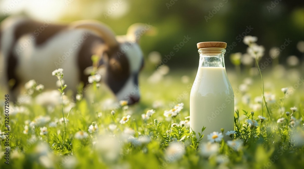 Poster a bottle of milk placed in a field of wildflowers, with a dog in the background. the setting has a s