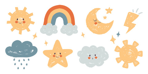 Cute colored sun, cloud, rainbow, moon, lightning bolt natural children drawing isolated set