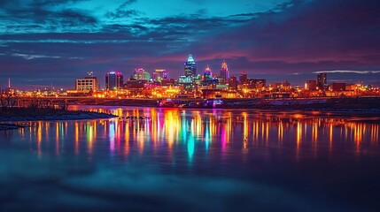 Fototapeta premium Vibrant city skyline at dusk reflecting colorful lights on the water, showcasing urban life and beauty