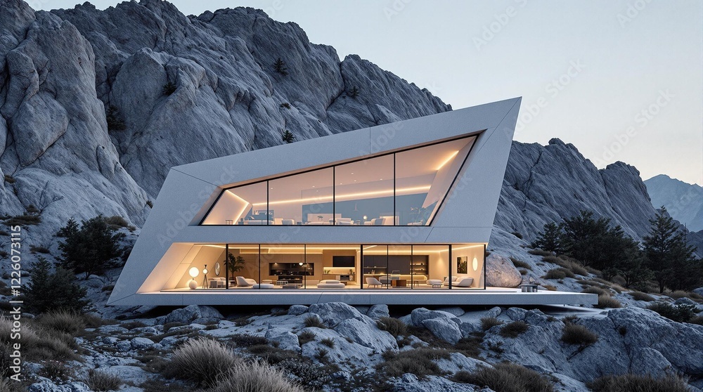 Aufkleber a modern, angular house with large windows set against a backdrop of rocky mountains. the house is d