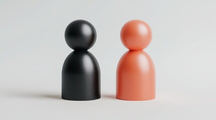 Two minimalist figurines, one black and one peach, stand side by side against a light background, symbolizing contrast and diversity.